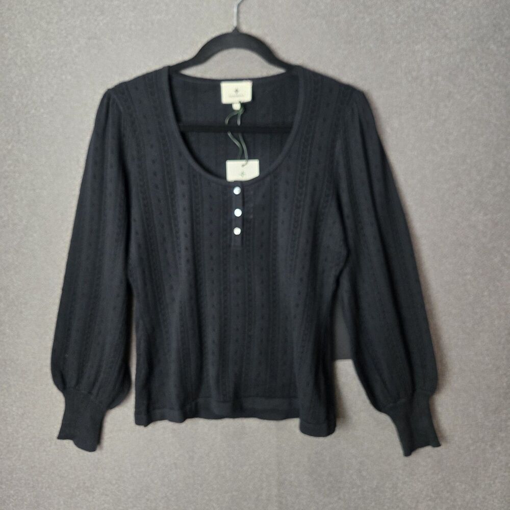 Tuckernuck L Black Puff Long Sleeve Henley Knit Top